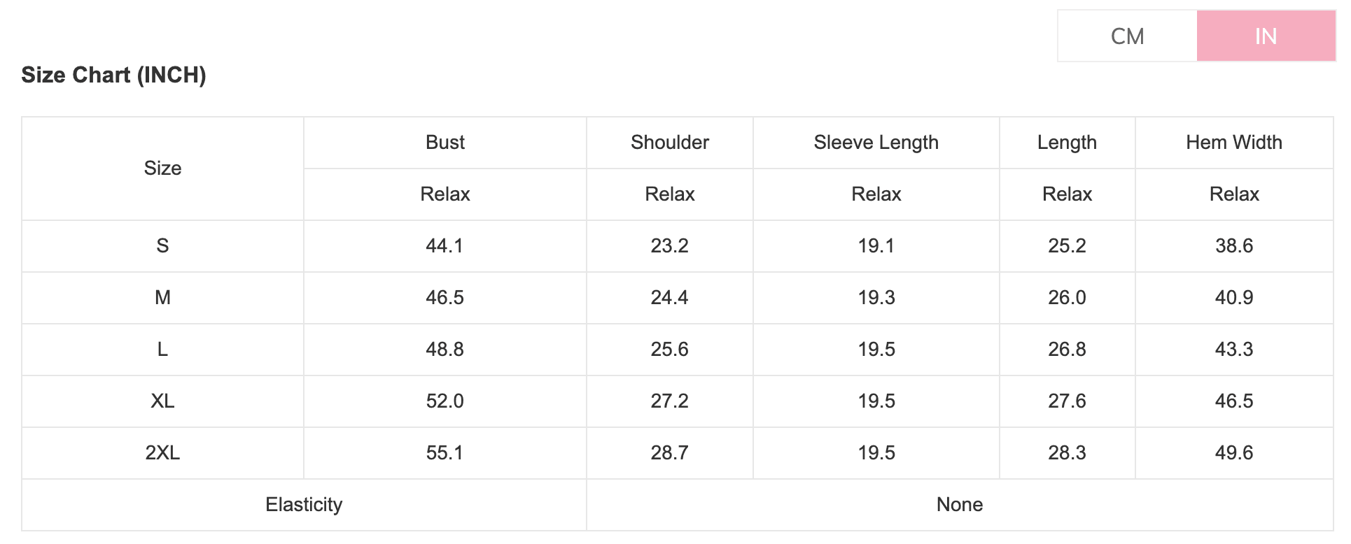 Size chart for clothing measurements in inches with a pink button on the right.