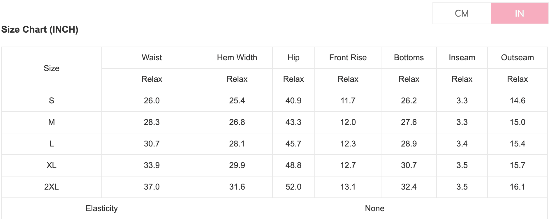 Size chart for pants with measurements in inches and centimeters