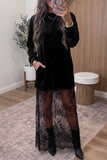 Woman in black velvet dress with sheer lace overlay, tights, and ankle boots.