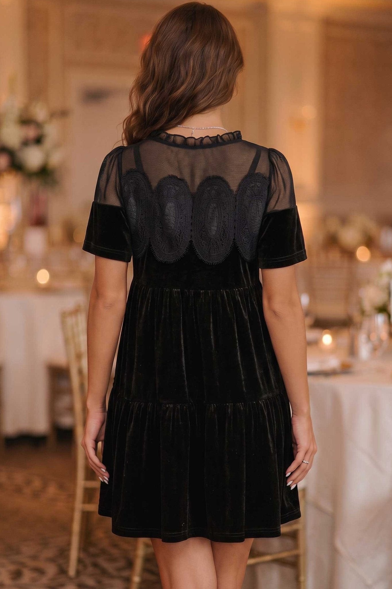 Velvet Sheer Mesh Lace Yoke Mini Dress | Zarnesh - ZarneshDresses/Mini Dresses