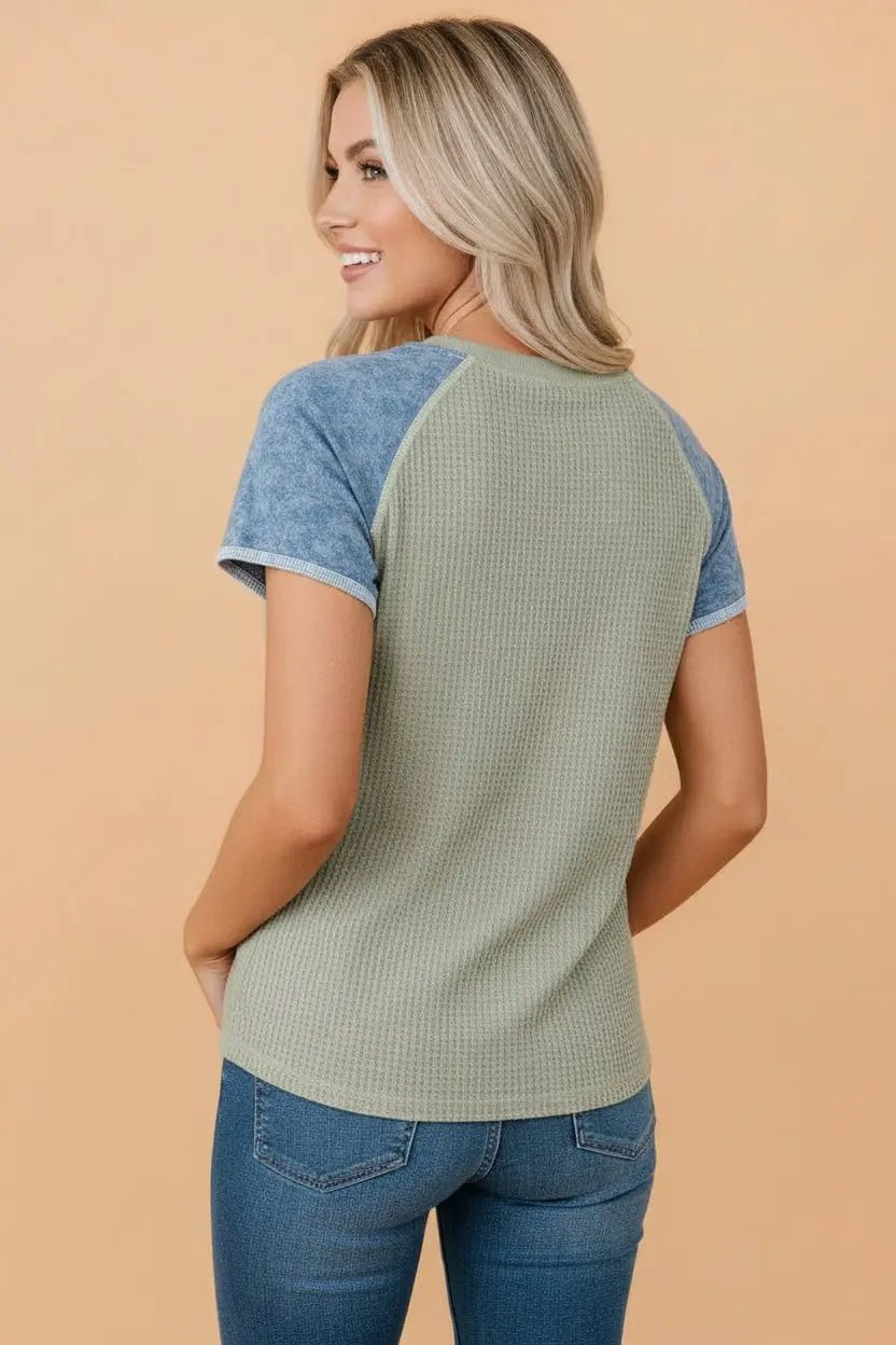 Waffle Knit Contrast Patchwork Short Sleeve Top | Zarnesh