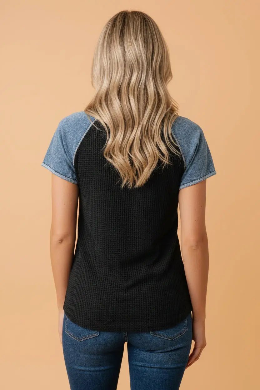 Waffle Knit Contrast Patchwork Short Sleeve Top | Zarnesh