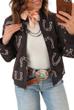 Western horseshoe and star print brown jacket with ribbed stand collar, close front view
