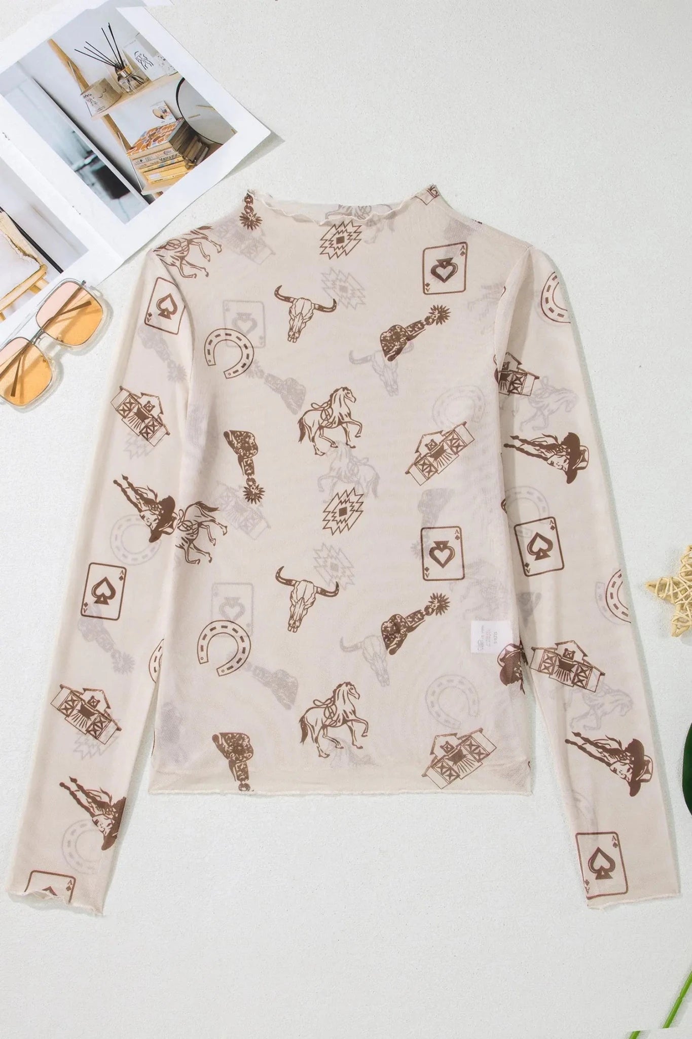 Western Sheer Mesh Mock Neck Long Sleeve Top | Zarnesh