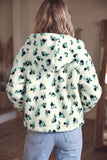 White floral faux fur hooded jacket, back view on model