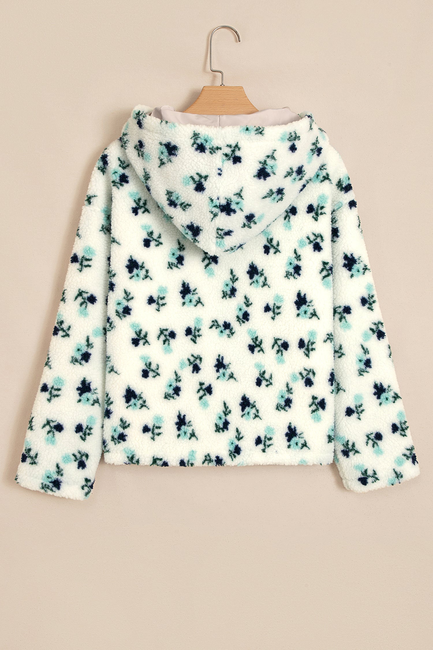 White floral faux fur hooded jacket on hanger, back view with hood