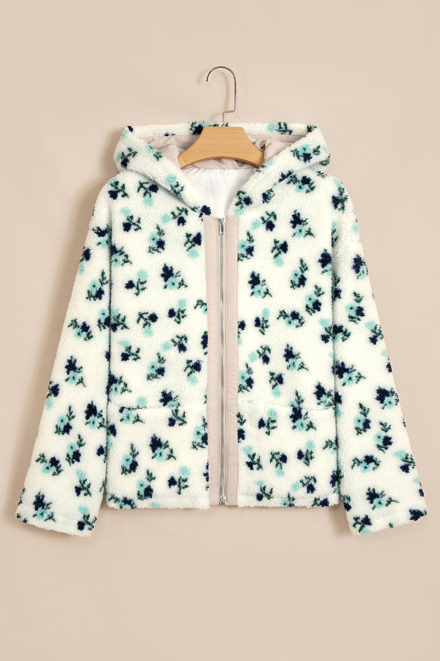 White floral faux fur hooded jacket on hanger, front view