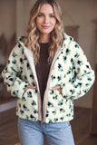 Women's floral teddy jacket with hood, front view close-up on model