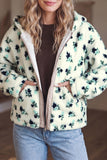 White floral sherpa zip-up jacket worn open over dark tee and jeans