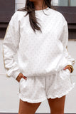 White polka dot side stripe sweatshirt and ruffle shorts set, front view on model