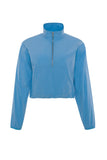 Blue long-sleeve top with a quarter zip on a white background