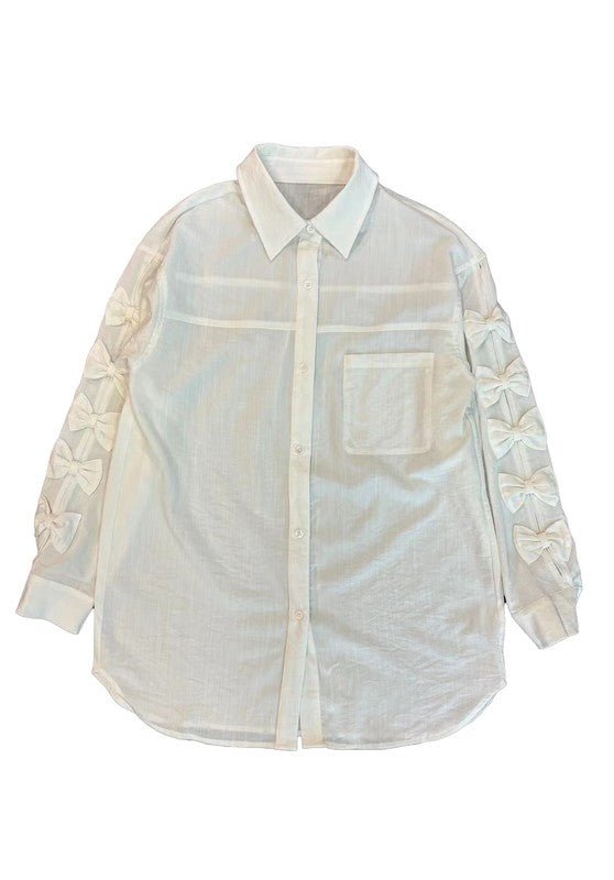 Women Collar Bow Long Sleeves with Cuffs Button Down Shirt Zarnesh