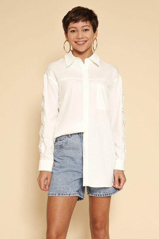 Women Collar Bow Long Sleeves with Cuffs Button Down Shirt Zarnesh
