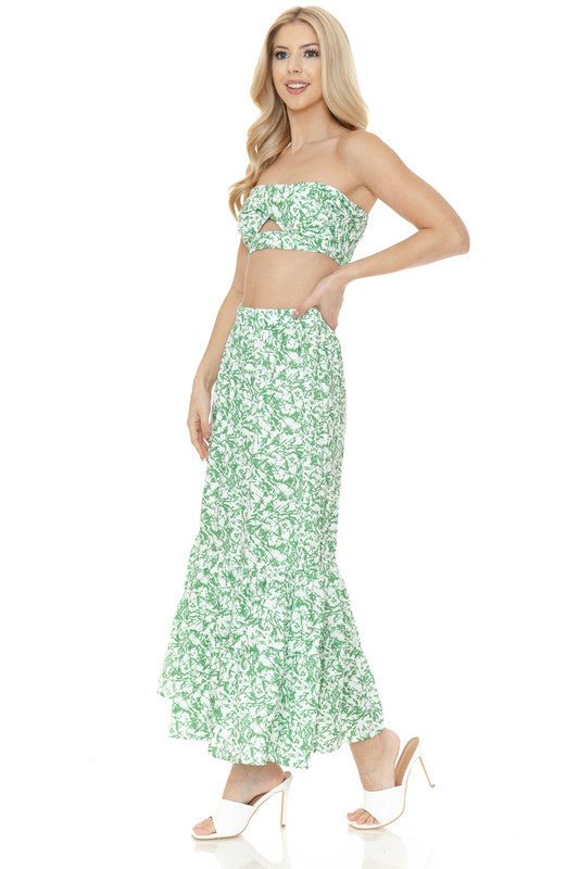 Floral Ankle Length Maxi Skirt Strapless Top Set | Zarnesh