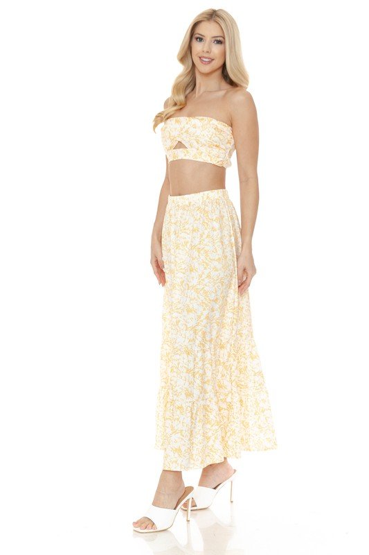Floral Ankle Length Maxi Skirt Strapless Top Set | Zarnesh