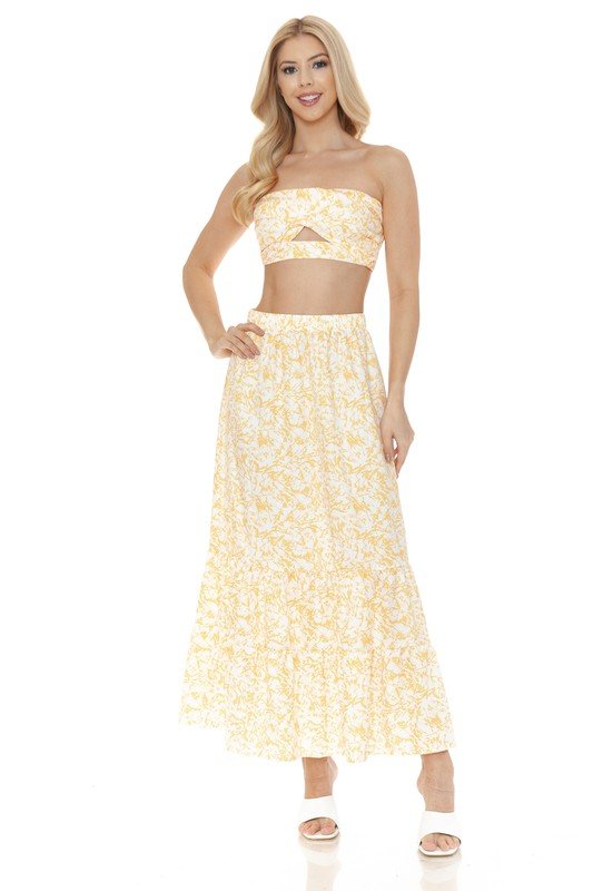 Floral Ankle Length Maxi Skirt Strapless Top Set | Zarnesh