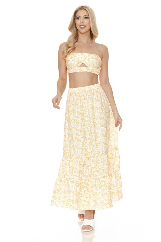 Floral Ankle Length Maxi Skirt Strapless Top Set | Zarnesh