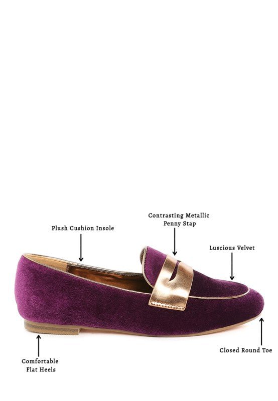Women Malta Penny Strap Velvet Flat Heel Loafers | Zarnesh