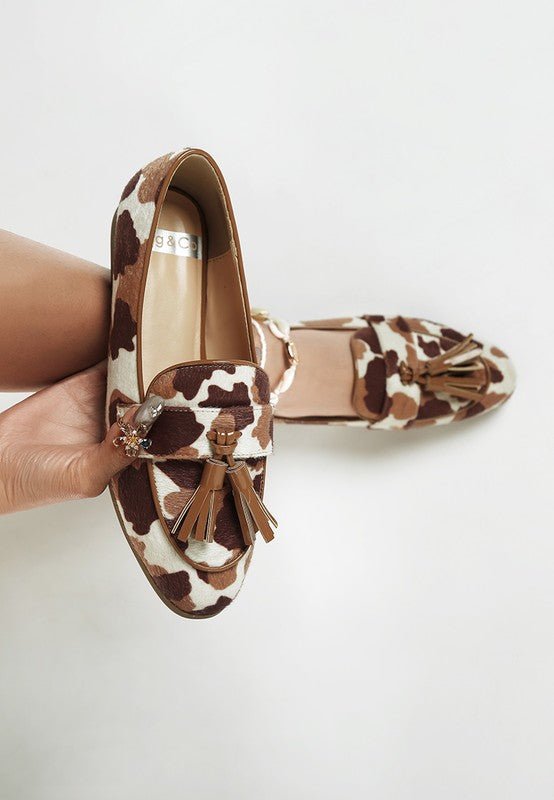 Women Moraug Cow Print Faux Suede Tassels Loafers | Zarnesh