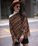 Women Red Fringe Trim Batwing Sleeve Poncho Sweater | Zarnesh