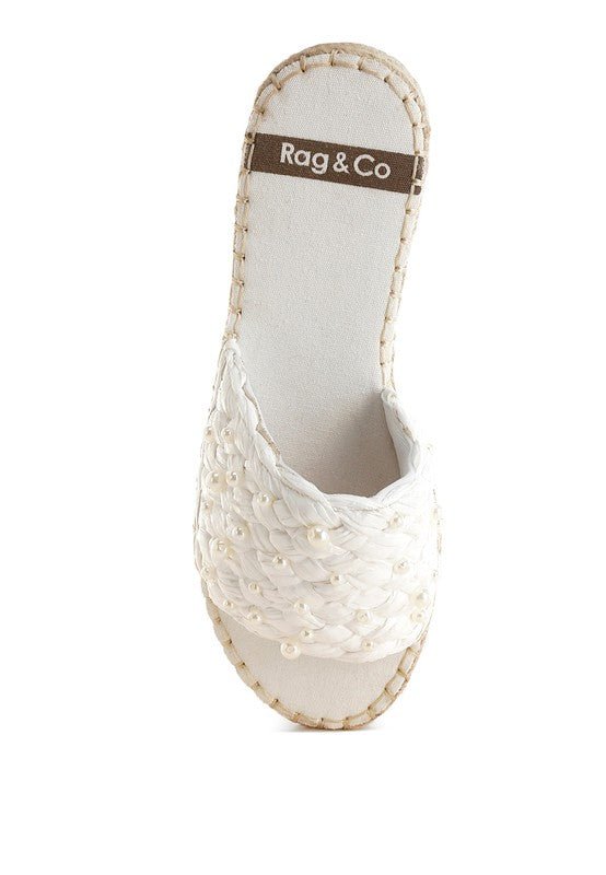 Yakna Pearl Embellished Woven Flatform Flat Heel | Zarnesh