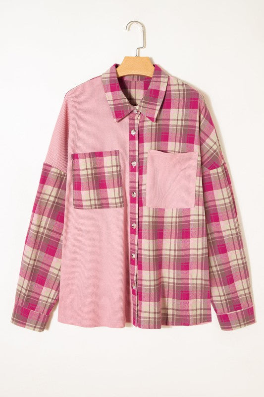 Women’s Plus Size Plaid Patchwork Waffle Patch Shirt Jacket | Zarnesh