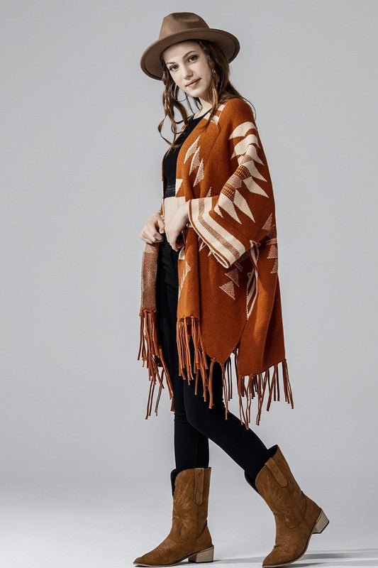 Women’s Aztec Print Open Front Fringe Poncho Sweater Cardigan | Zarnesh