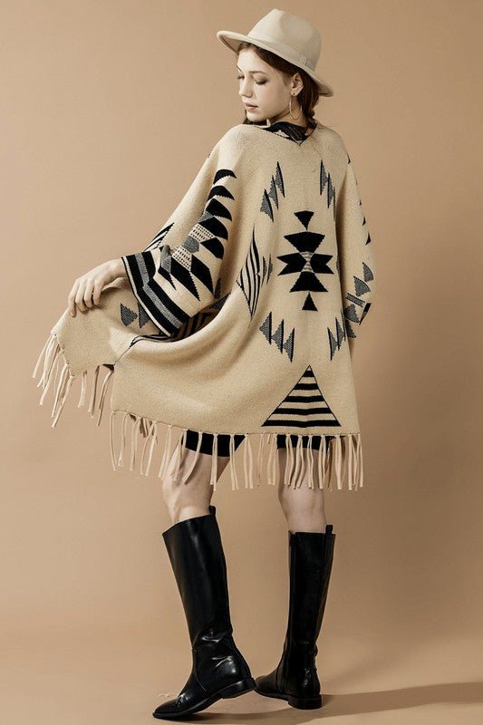 Women’s Aztec Print Open Front Fringe Poncho Sweater Cardigan | Zarnesh