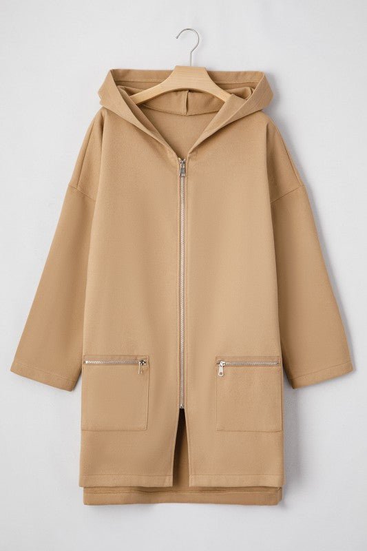 Women’s Beige Solid Casual Longline Hooded Zip Up Coat | Zarnesh