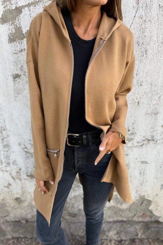 Women’s Beige Solid Casual Longline Hooded Zip Up Coat | Zarnesh