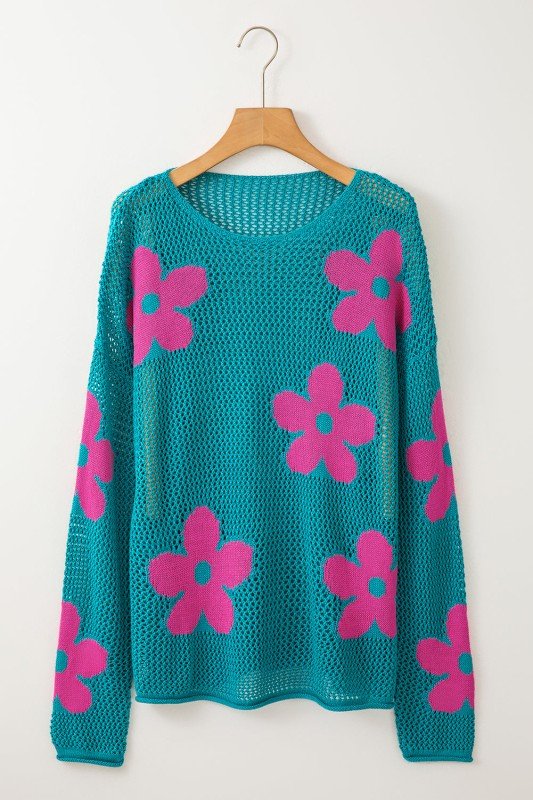 Women's Big Flower Hollow Knit Drop Shoulder Sweater | Zarnesh