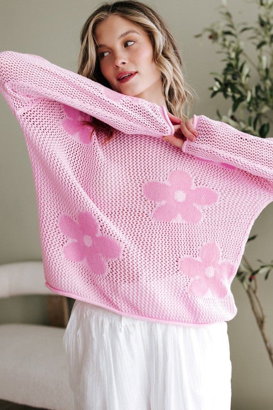 Women's Big Flower Hollow Knit Drop Shoulder Sweater | Zarnesh
