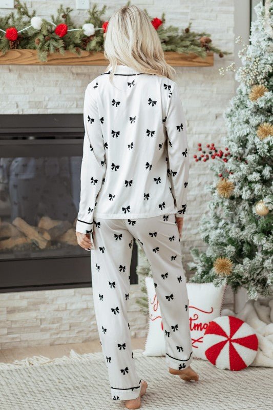 Women's Bow Tie Long Sleeve Top Pants Pajama Set | Zarnesh