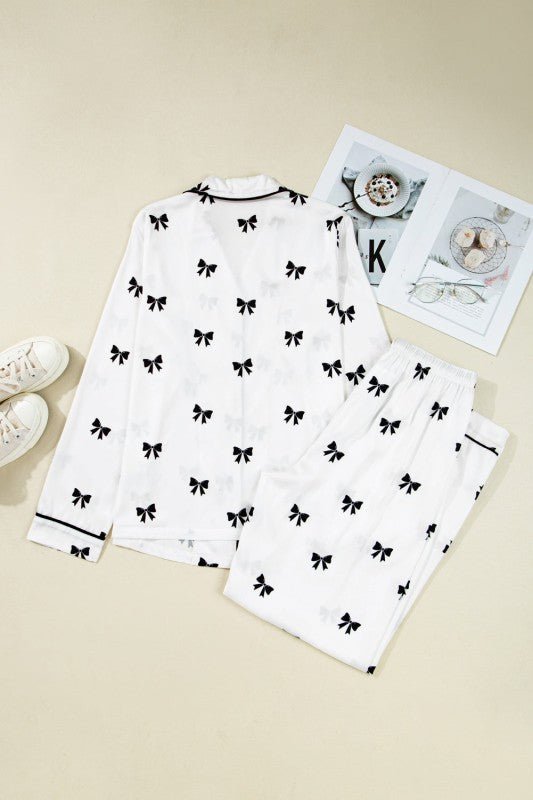 Women's Bow Tie Long Sleeve Top Pants Pajama Set | Zarnesh