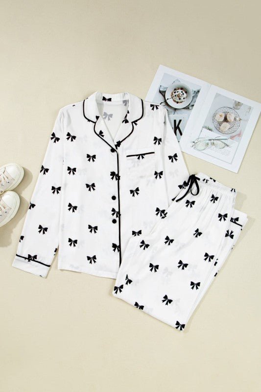Women's Bow Tie Long Sleeve Top Pants Pajama Set | Zarnesh