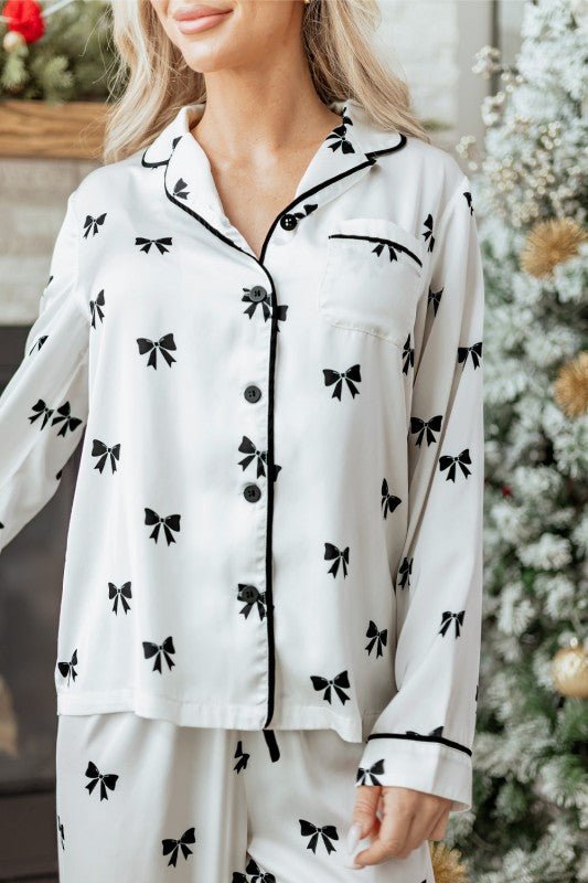 Women's Bow Tie Long Sleeve Top Pants Pajama Set | Zarnesh