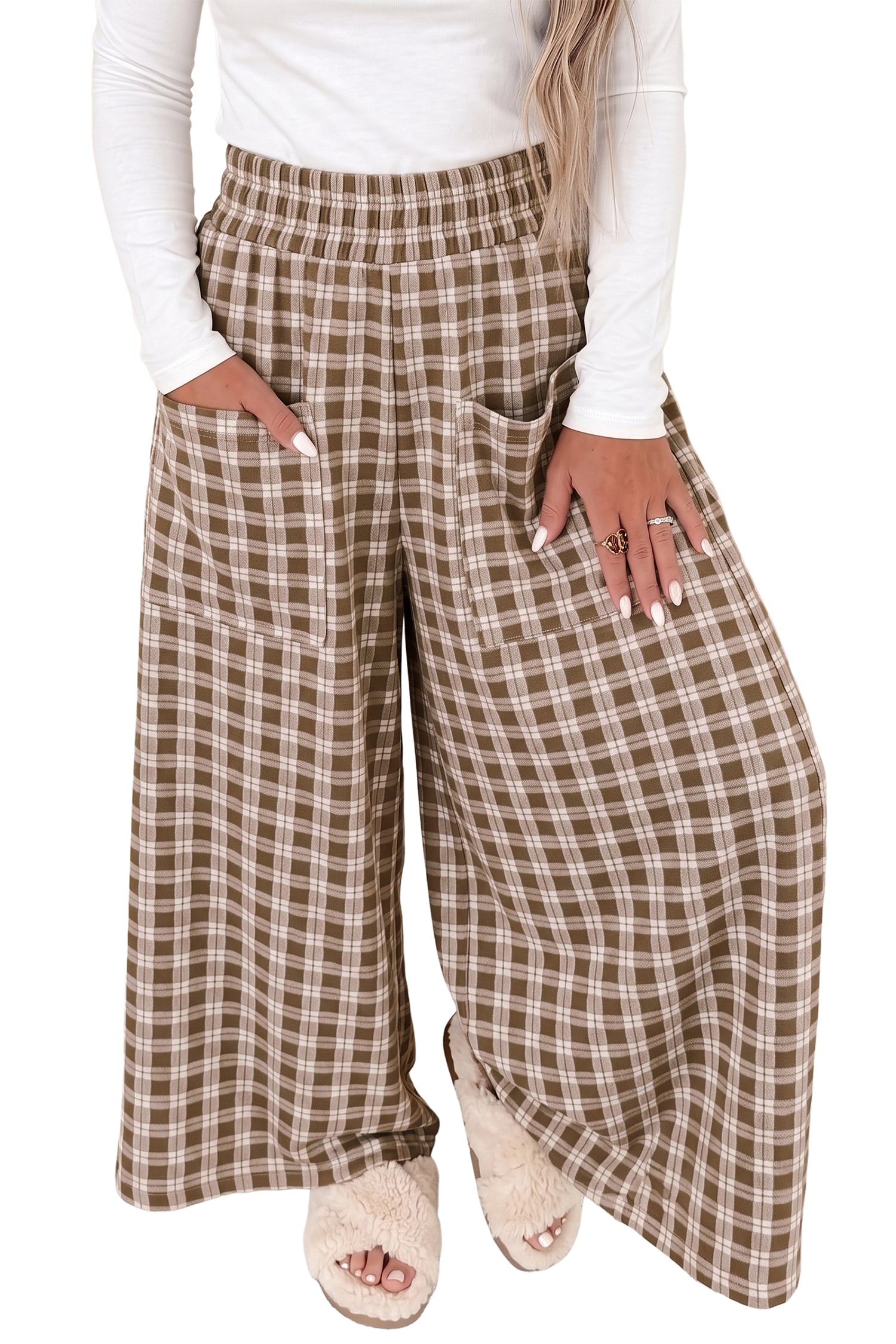 Women's brown plaid wide leg pants with patch pockets and white top