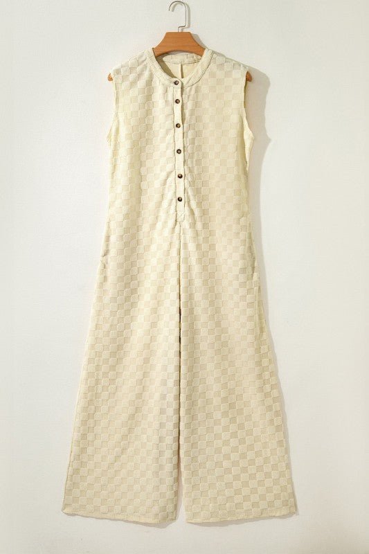 Women’s Checker Textured Button-Front Wide Leg Jumpsuit | Zarnesh