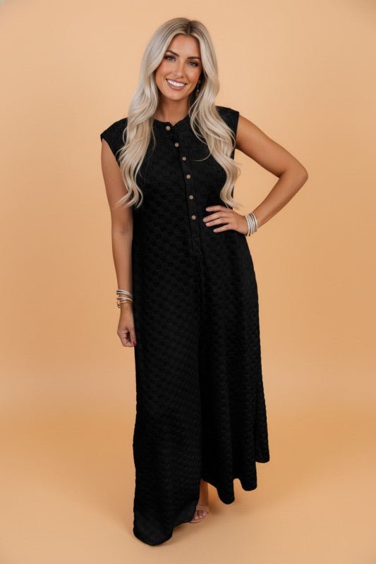 Women’s Checker Textured Button-Front Wide Leg Jumpsuit | Zarnesh