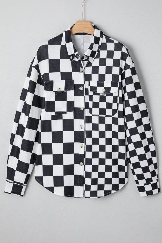 Women’s Checkerboard Button Front Flap Pocket Shacket | Zarnesh