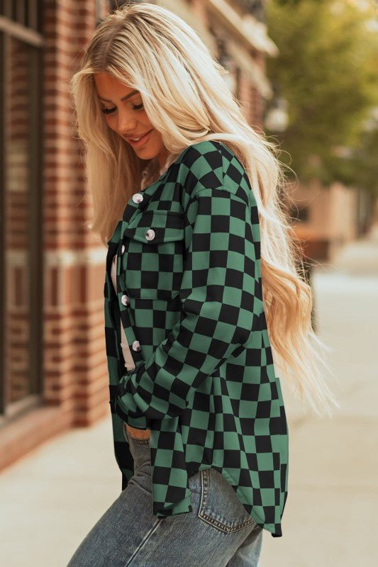 Women’s Checkerboard Button Front Flap Pocket Shacket | Zarnesh