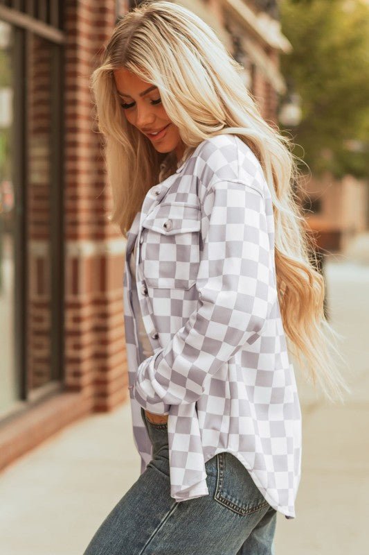 Women’s Checkerboard Button Front Flap Pocket Shacket | Zarnesh