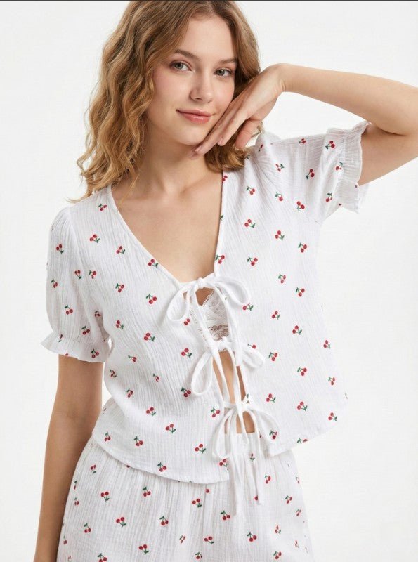 Women’s Cherry Tie-Front Two Piece Shorts Set | Zarnesh