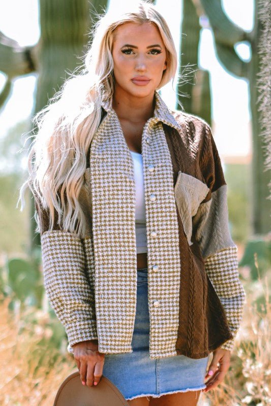 Women’s Colorblock Textured Patchwork Houndstooth Shacket | Zarnesh