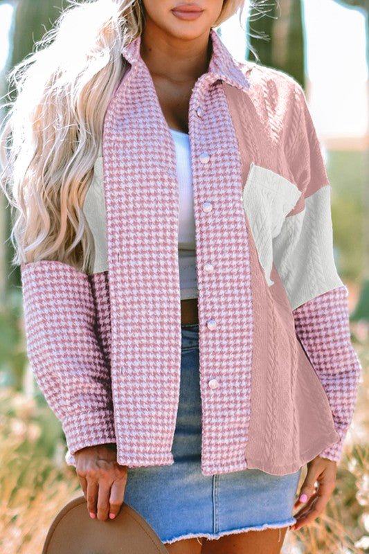 Women’s Colorblock Textured Patchwork Houndstooth Shacket | Zarnesh