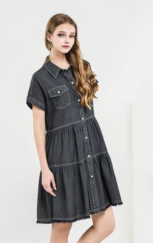 Women’s Denim Button Down Babydoll Tiered Shirt Dress | Zarnesh