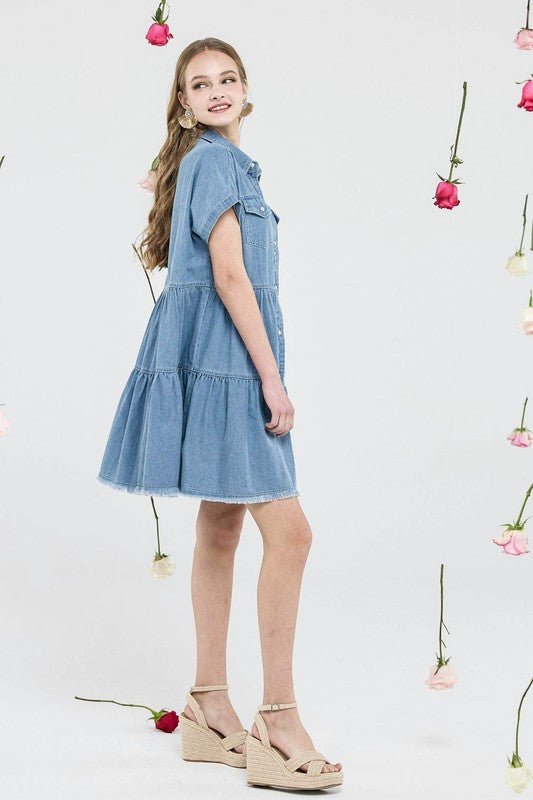 Women’s Denim Button Down Babydoll Tiered Shirt Dress | Zarnesh