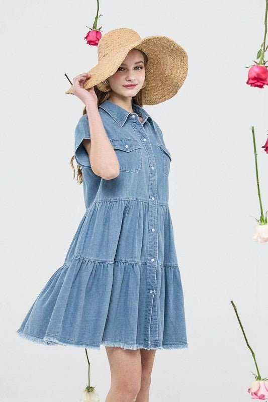 Women’s Denim Button Down Babydoll Tiered Shirt Dress | Zarnesh