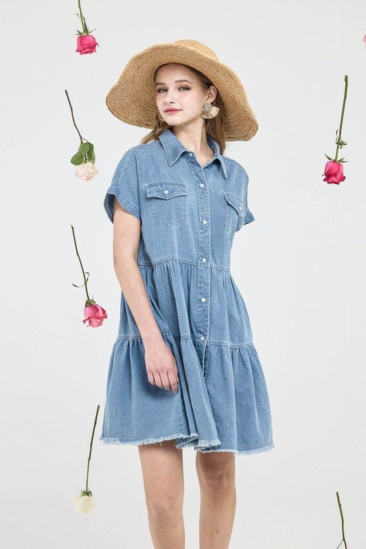 Women’s Denim Button Down Babydoll Tiered Shirt Dress | Zarnesh