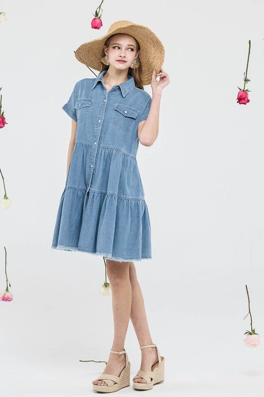 Women’s Denim Button Down Babydoll Tiered Shirt Dress | Zarnesh